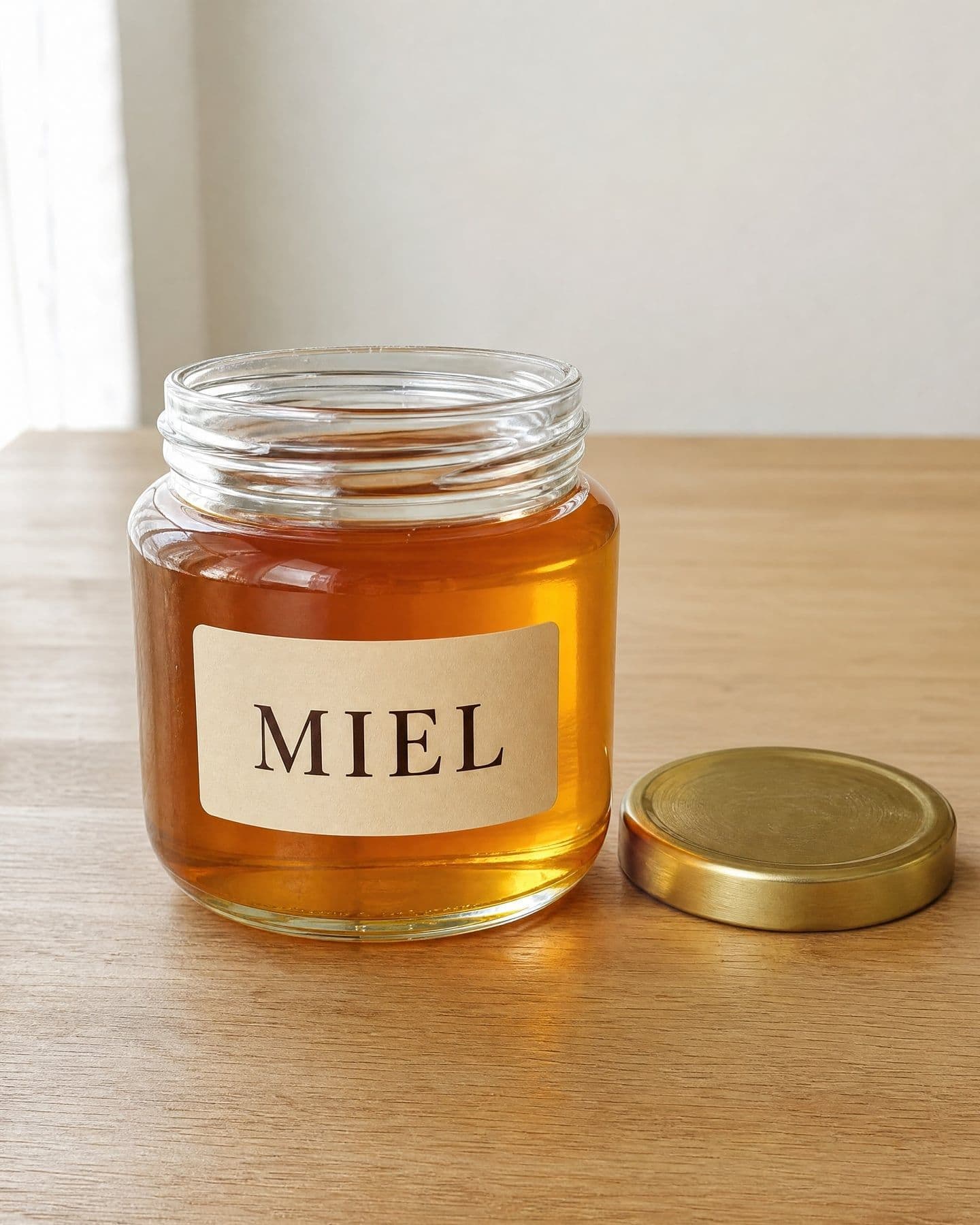 Pot de miel en verre avec son couvercle en laiton, posé sur une table en chêne clair